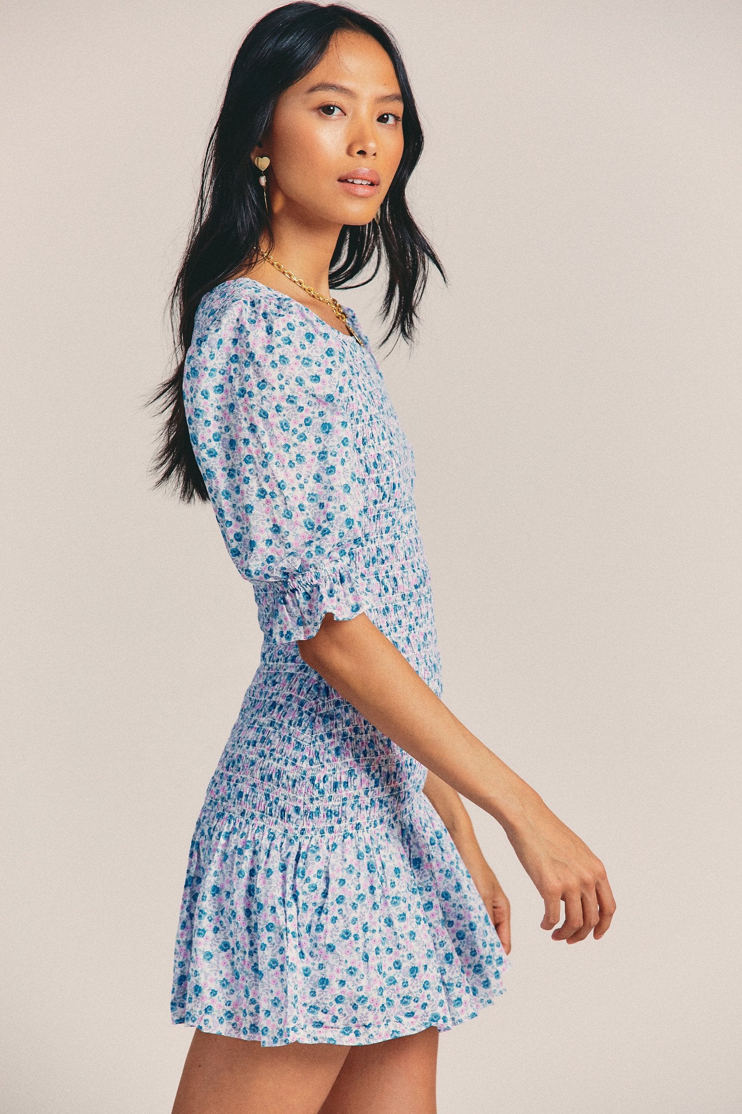 knee length dresses for ladies Prim Silk Floral Halter Dress Pearled Blue / Xs